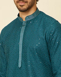 Manyavar Men Teal Green Grid Patterned Chikankari Kurta Set