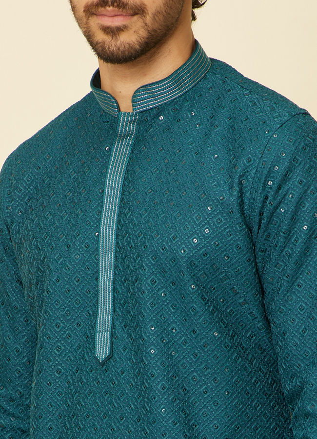 Manyavar Men Teal Green Grid Patterned Chikankari Kurta Set