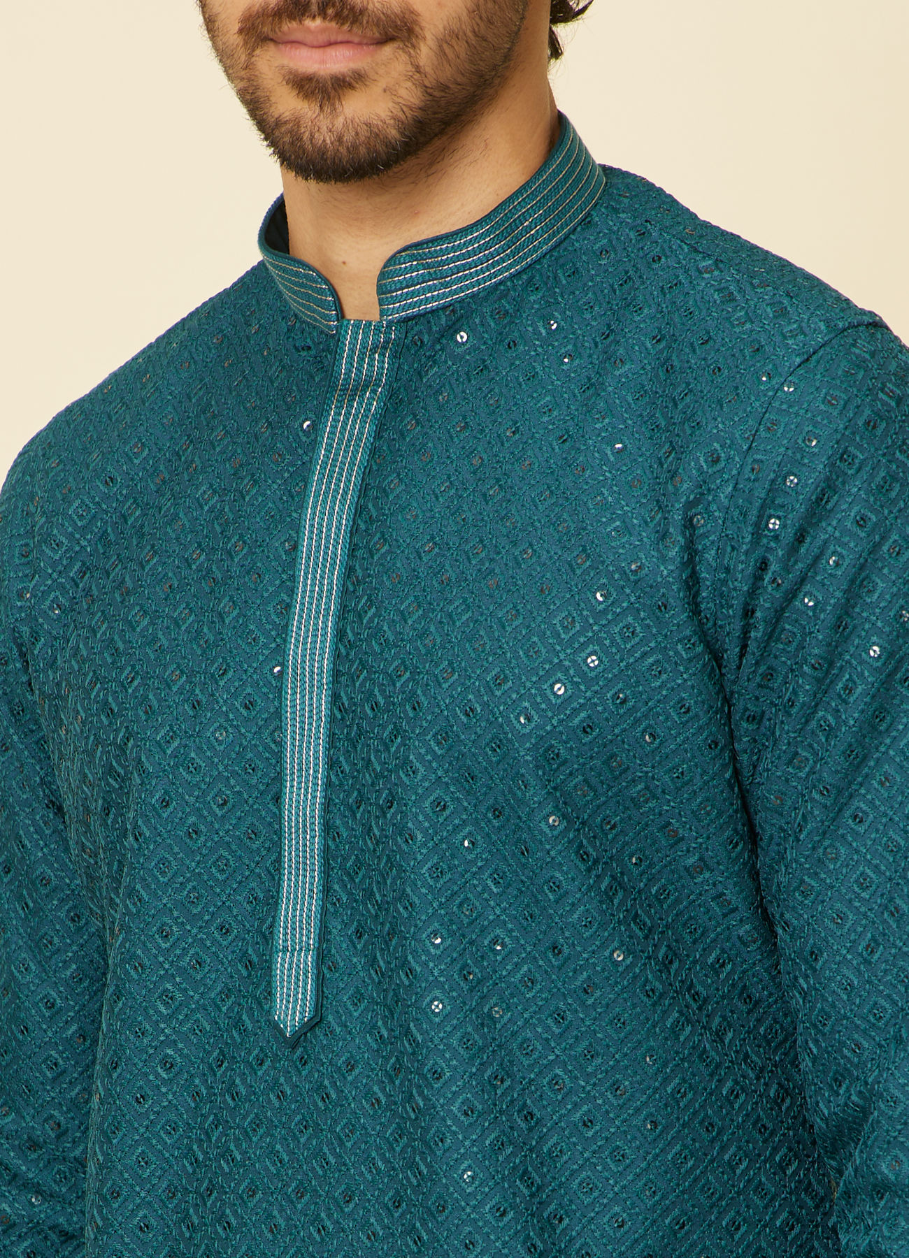 Manyavar Men Teal Green Grid Patterned Chikankari Kurta Set