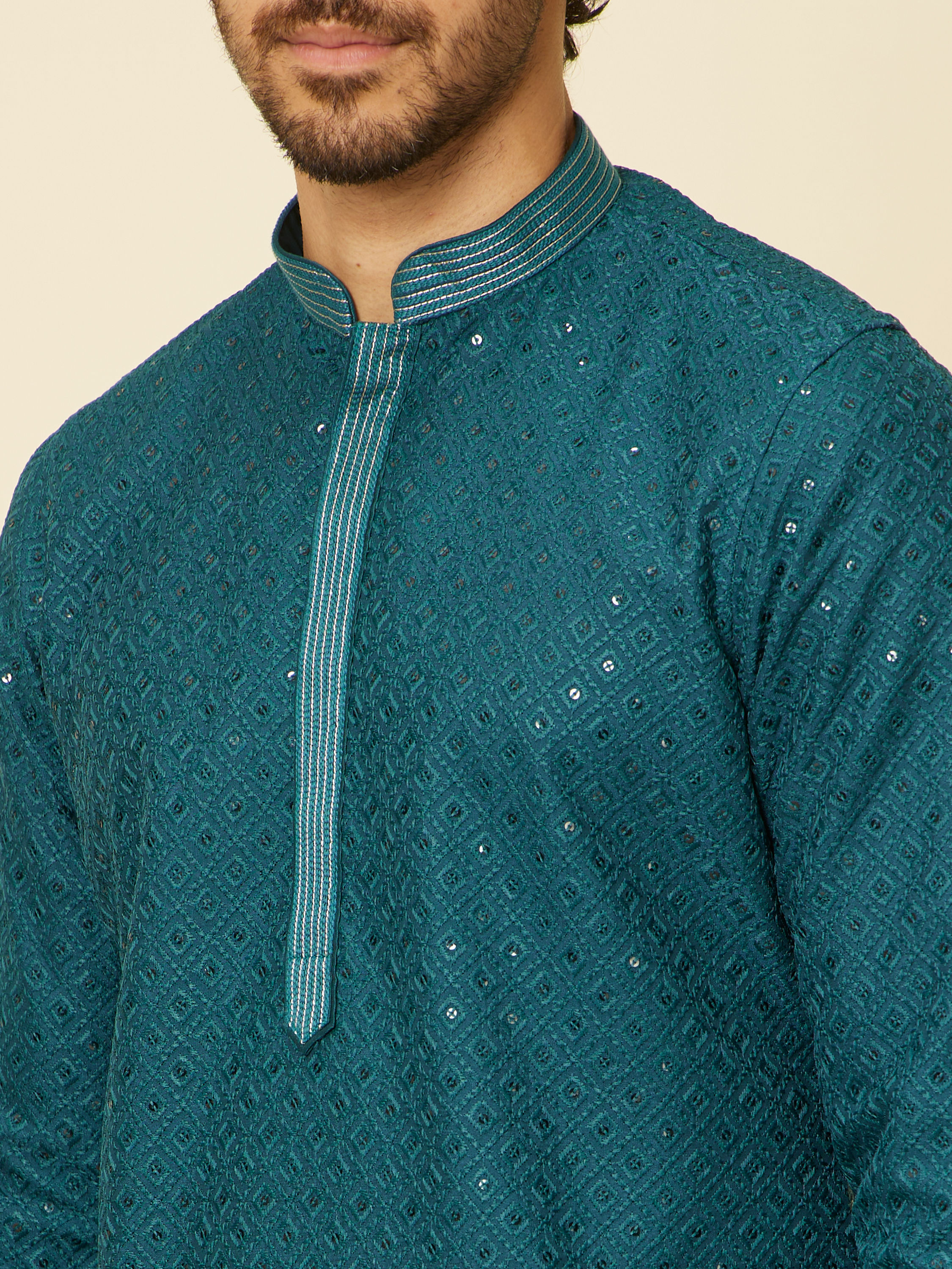 Manyavar Men Teal Green Grid Patterned Chikankari Kurta Set
