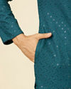 Manyavar Men Teal Green Grid Patterned Chikankari Kurta Set