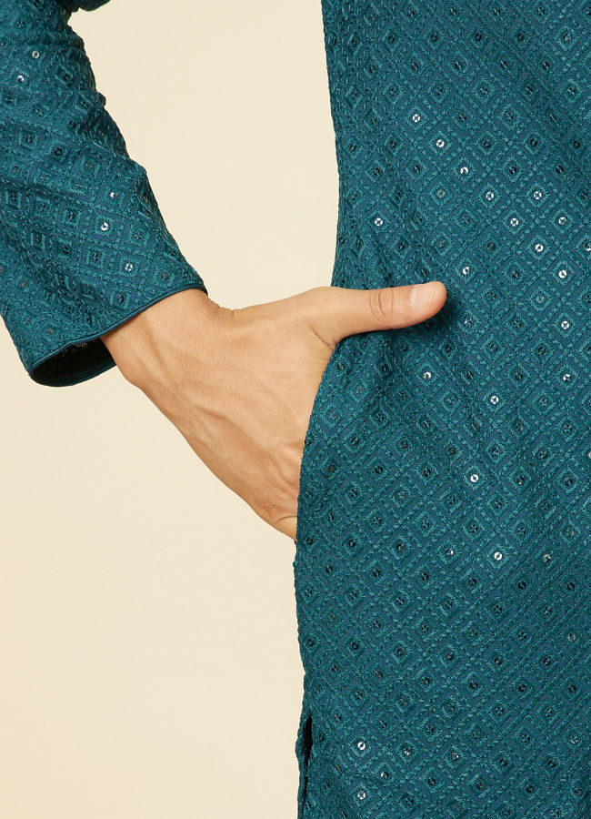 Manyavar Men Teal Green Grid Patterned Chikankari Kurta Set