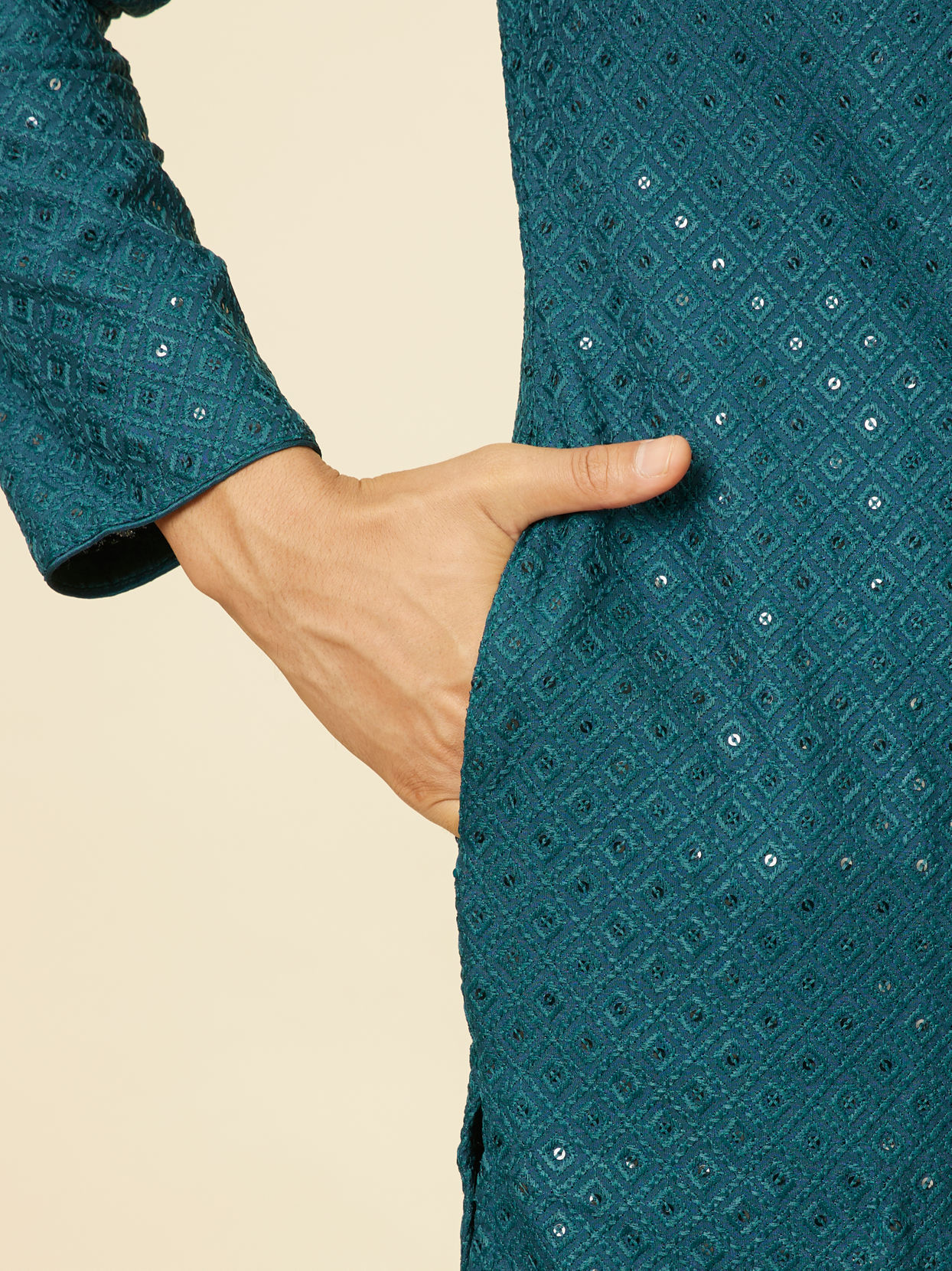 Manyavar Men Teal Green Grid Patterned Chikankari Kurta Set
