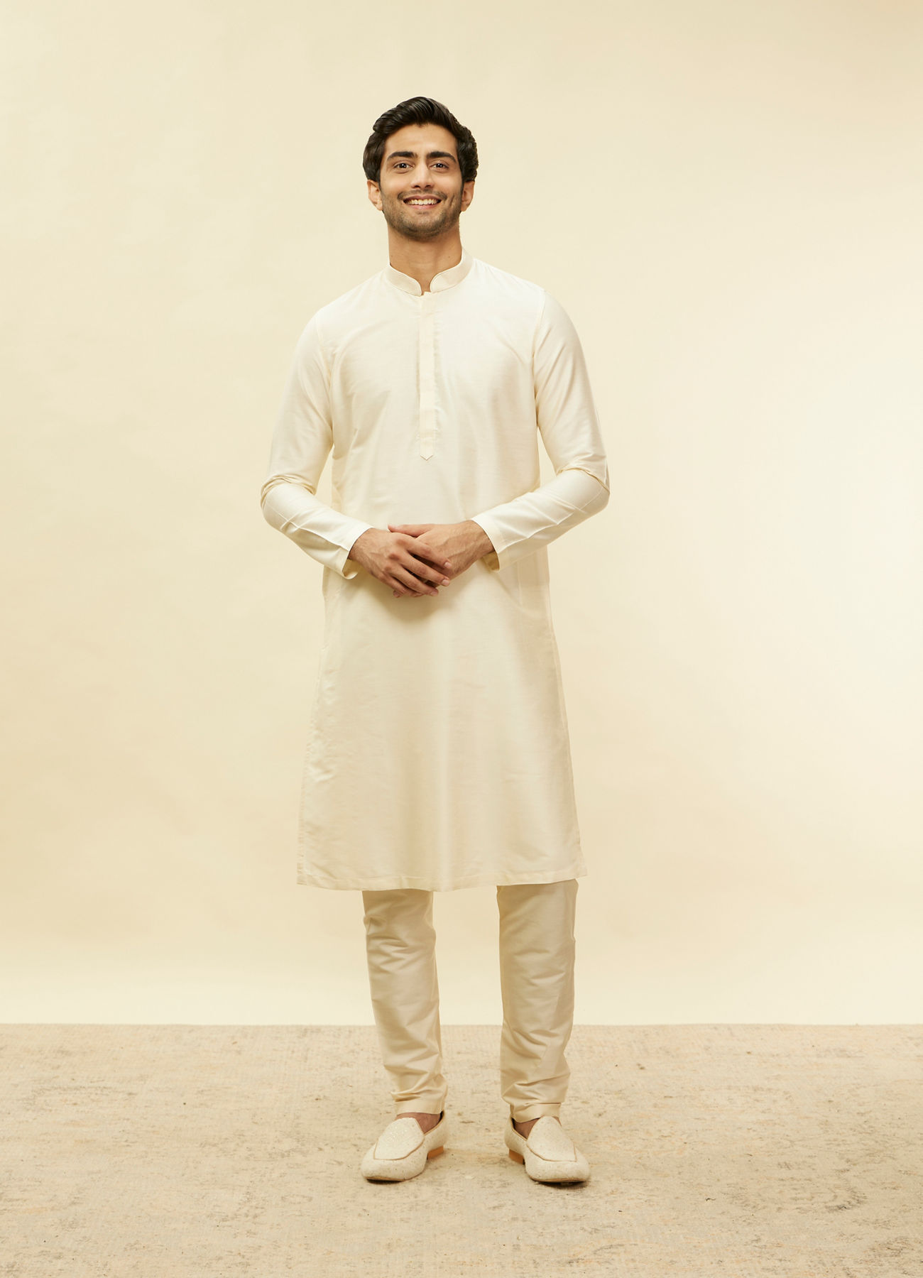 Twamev Men Ivory Viscose Embroidered Solid Kurta Set