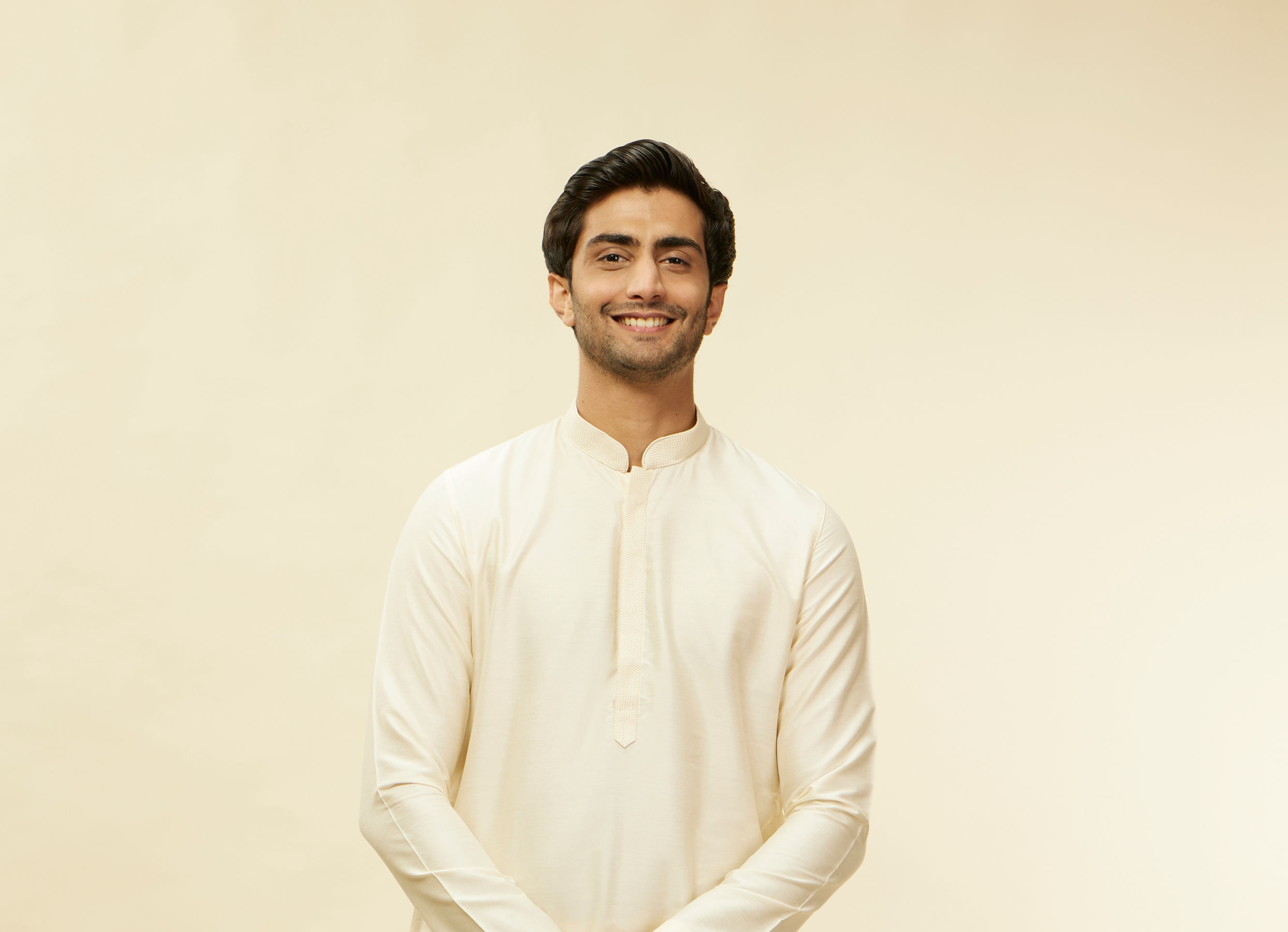 Twamev Men Ivory Viscose Embroidered Solid Kurta Set