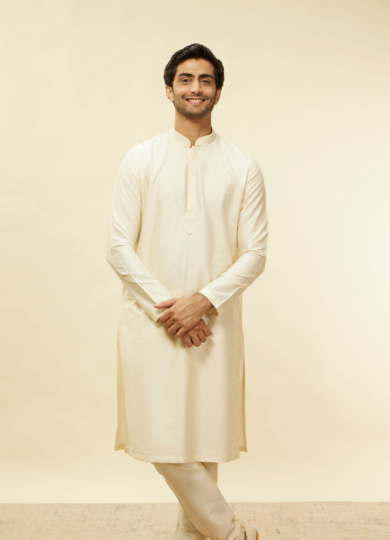 Twamev Men Ivory Viscose Embroidered Solid Kurta Set