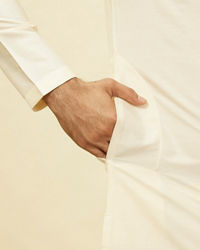 Twamev Men Ivory Viscose Embroidered Solid Kurta Set