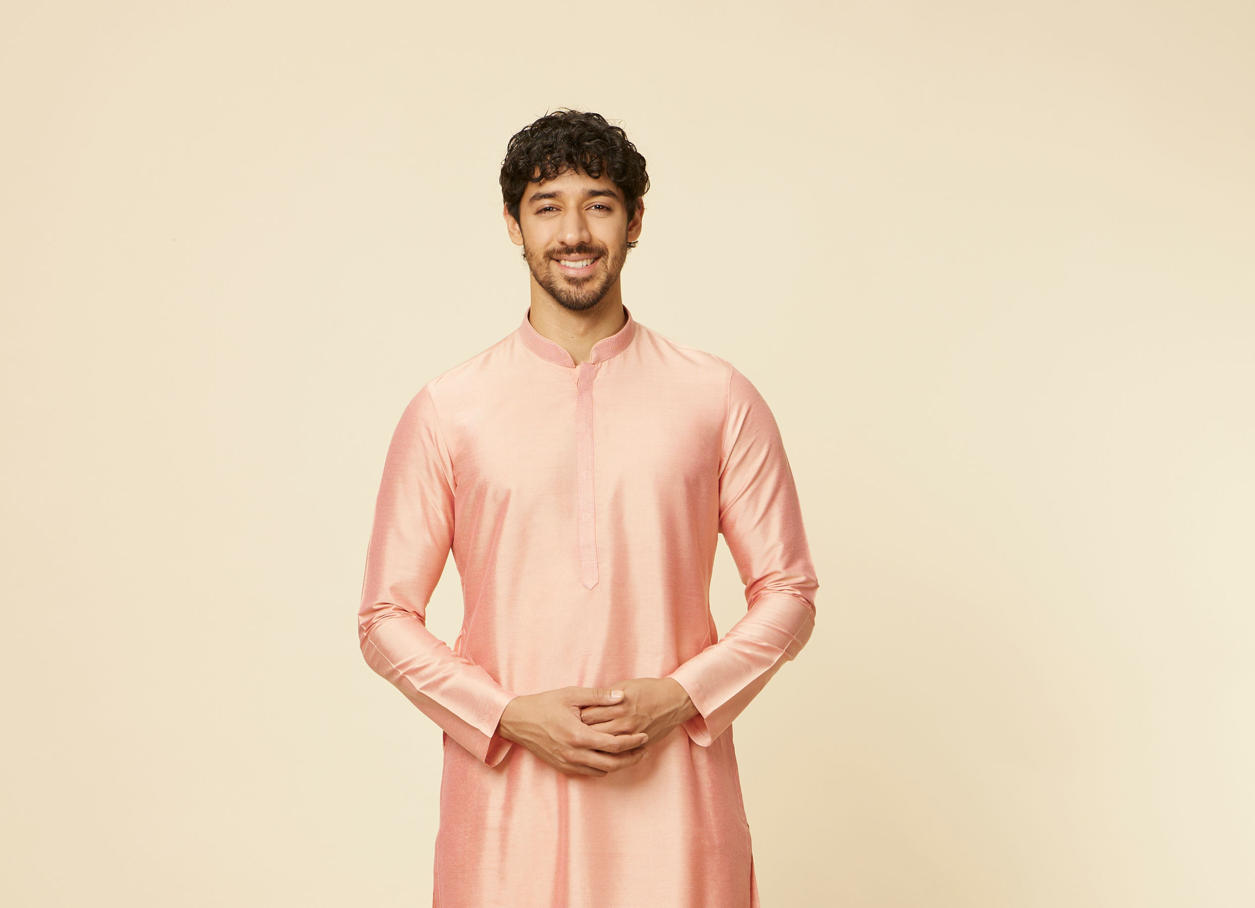 Twamev Men Peach Viscose Solid Kurta Set