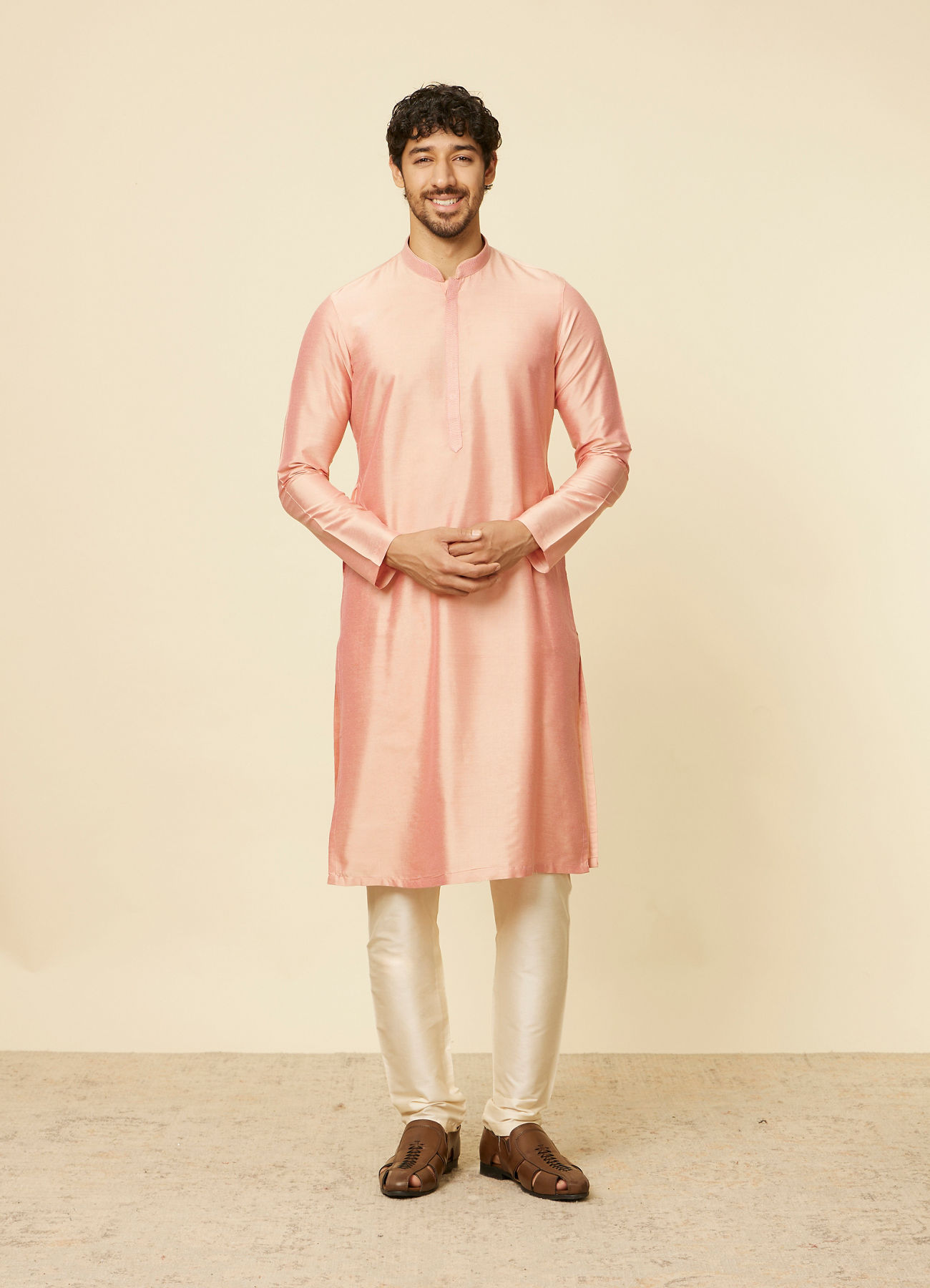 Twamev Men Peach Viscose Solid Kurta Set