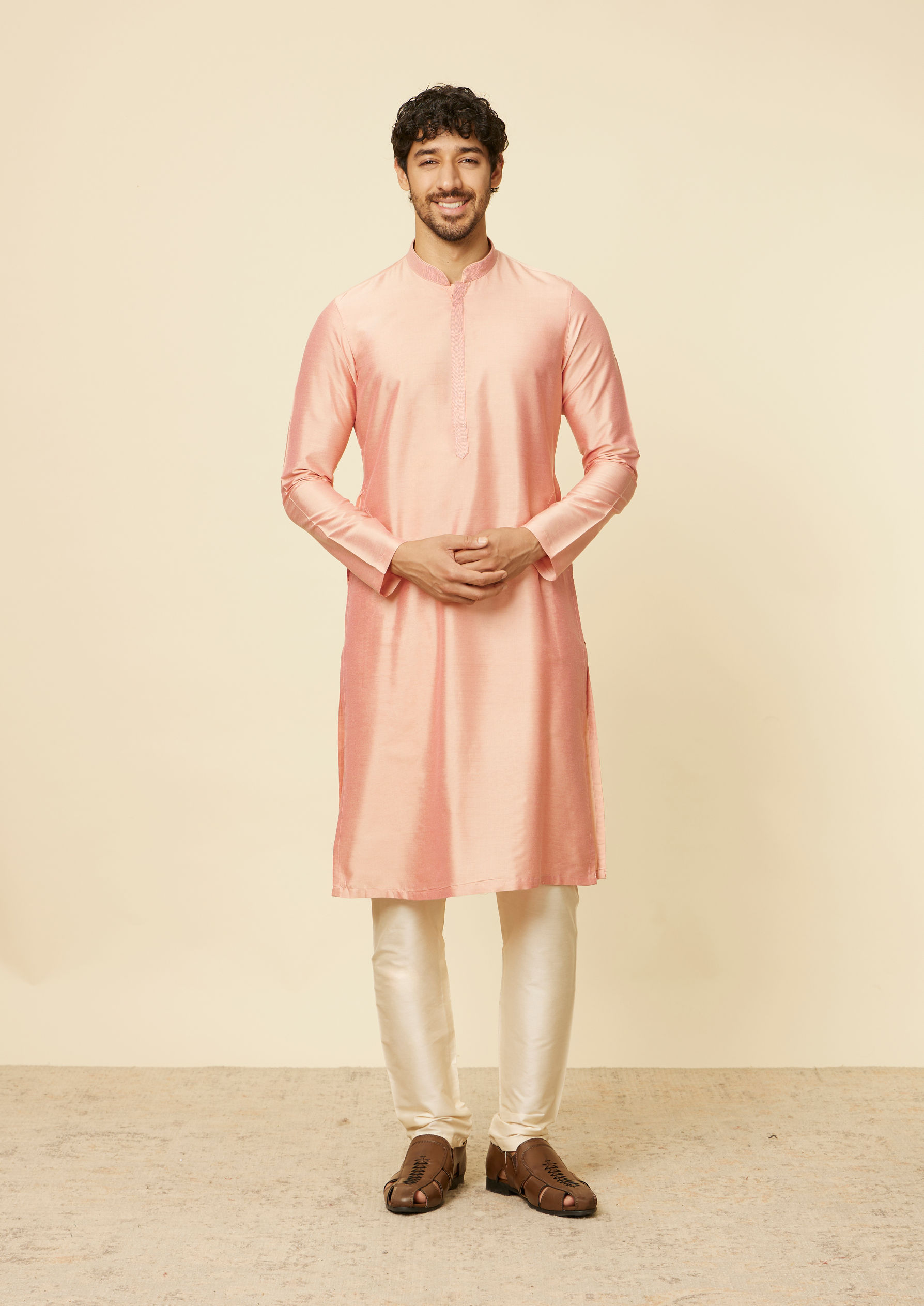 Twamev Men Peach Bandhgala Kurta Set