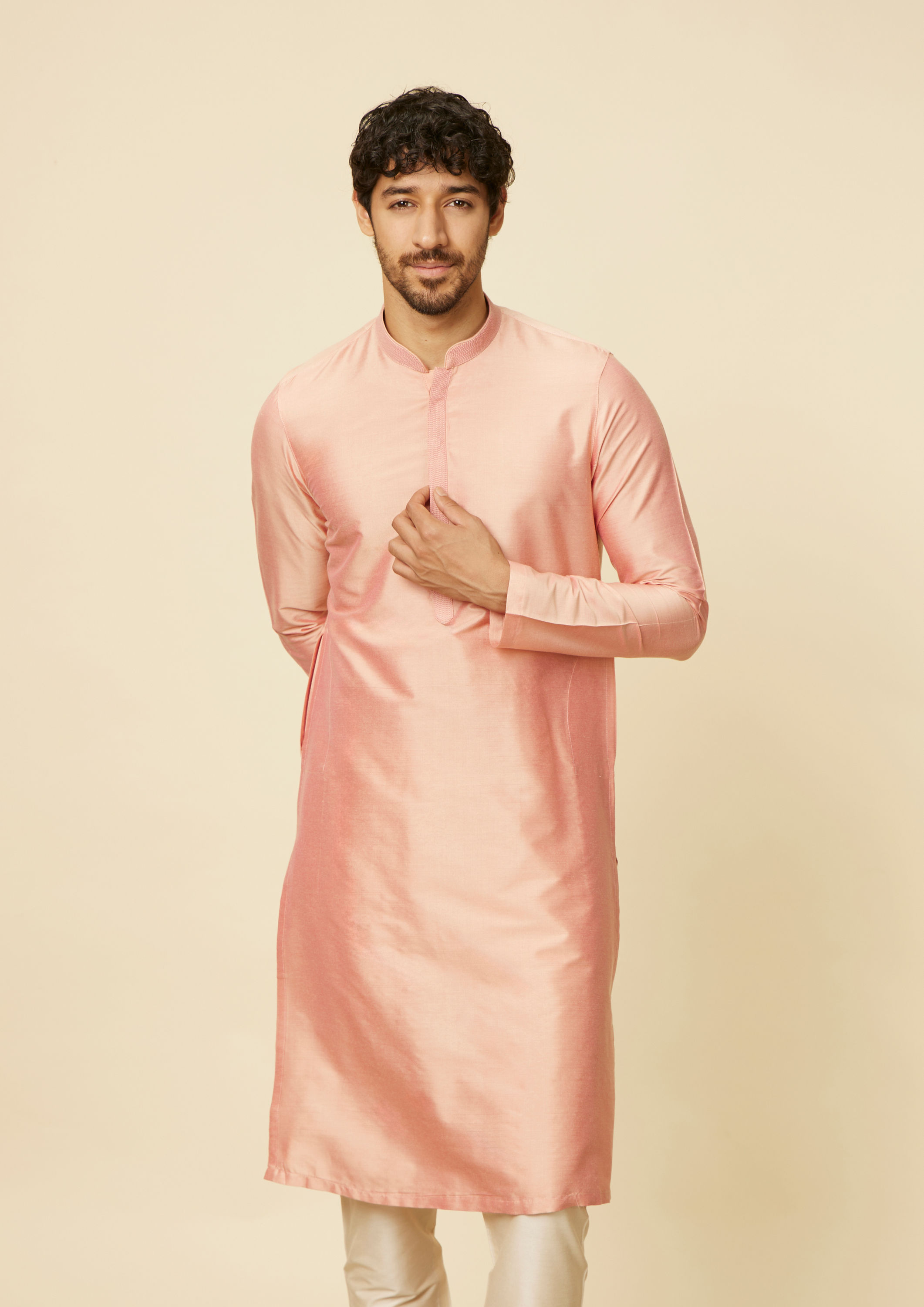 Twamev Men Peach Bandhgala Kurta Set image number 0