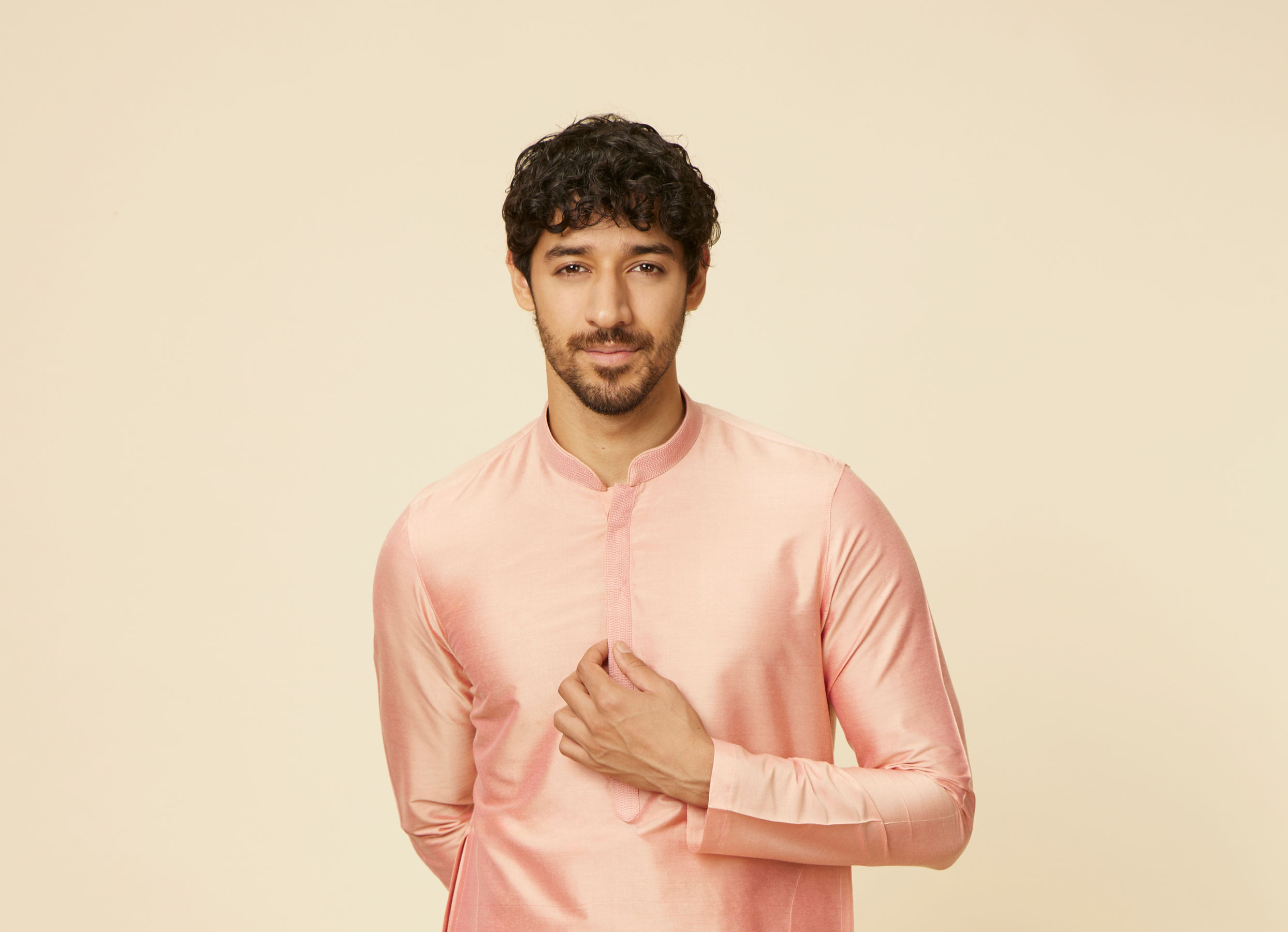 Twamev Men Peach Viscose Solid Kurta Set