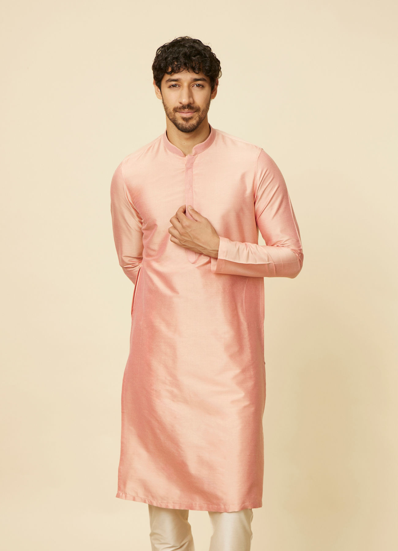 Twamev Men Peach Viscose Solid Kurta Set