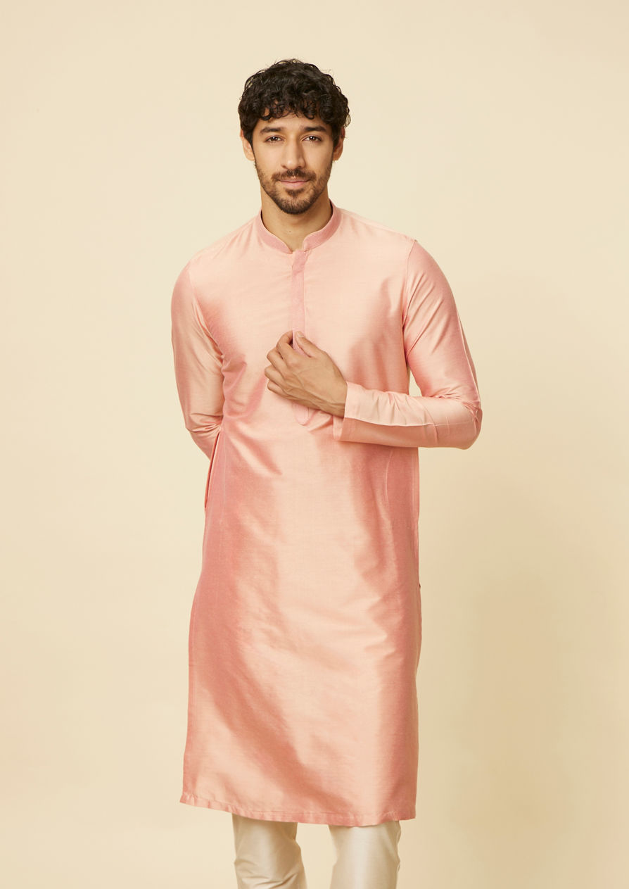 alt message - Twamev Men Peach Bandhgala Kurta Set image number 0