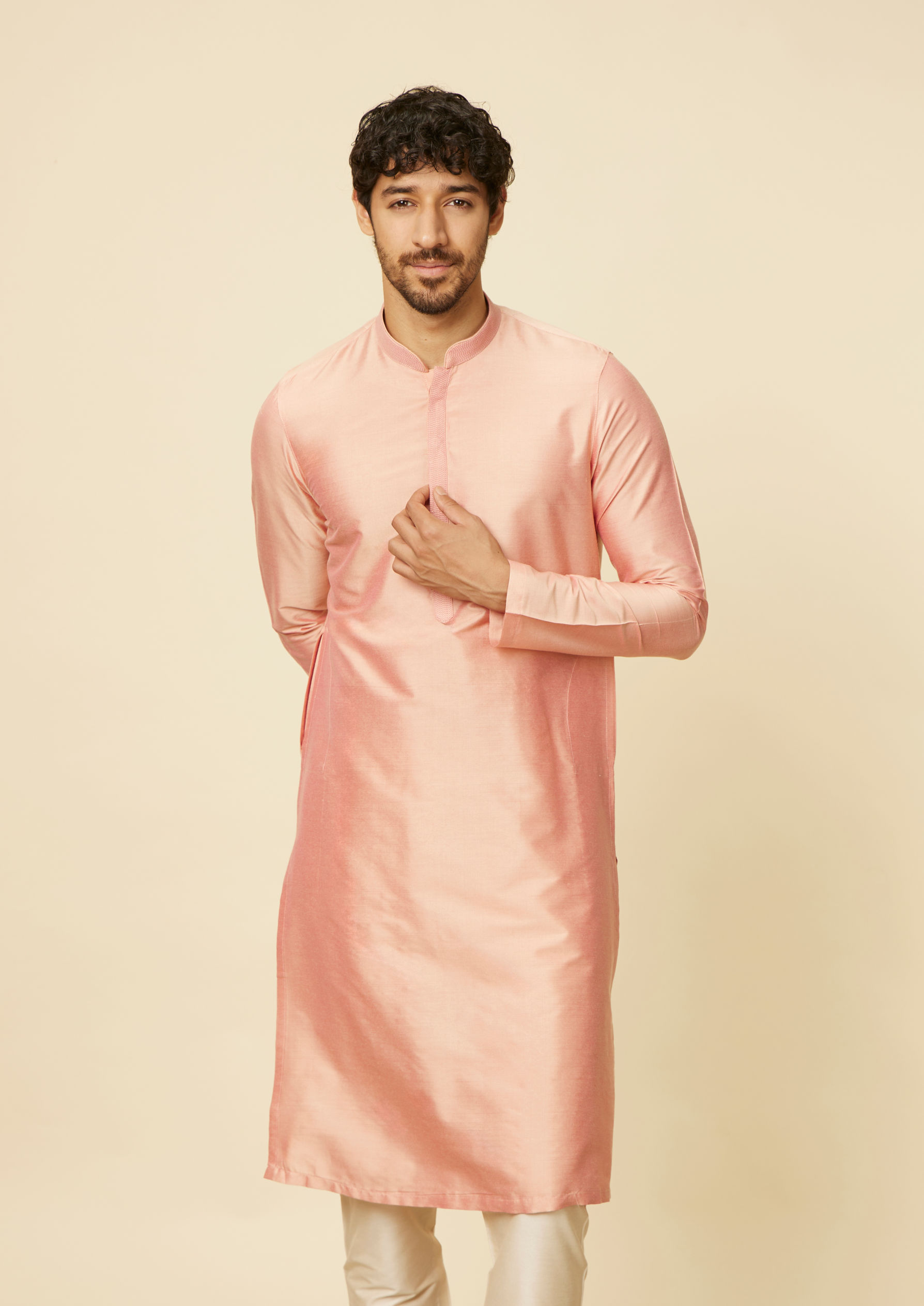 Twamev Men Peach Bandhgala Kurta Set