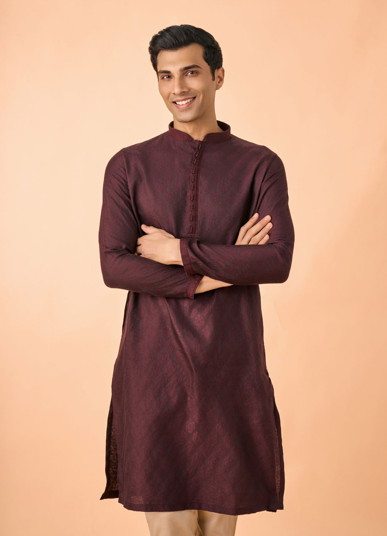 Manyavar Men Wine Jacquard Kurta Pajama Set