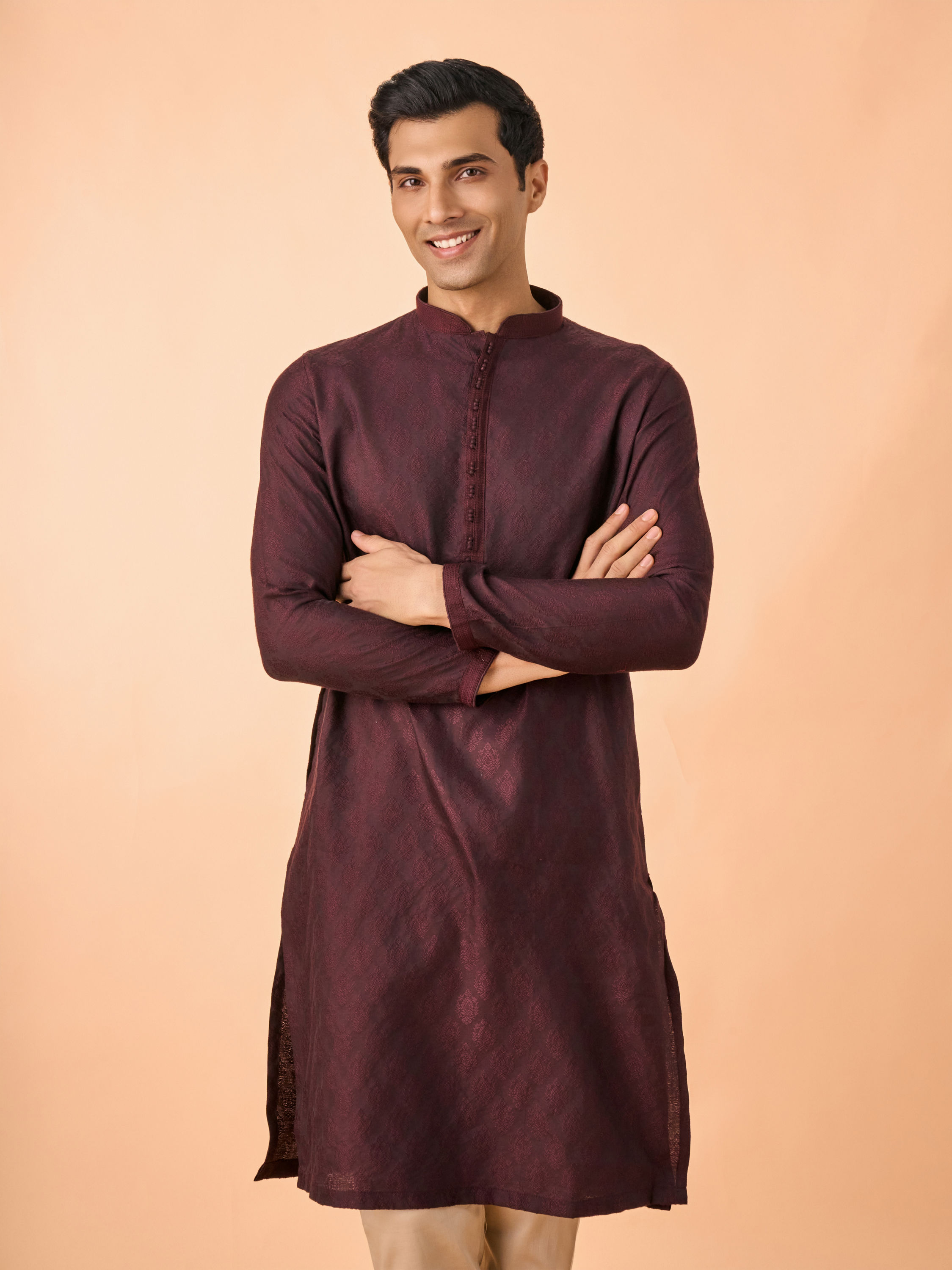 Manyavar Men Wine Jacquard Kurta Pajama Set