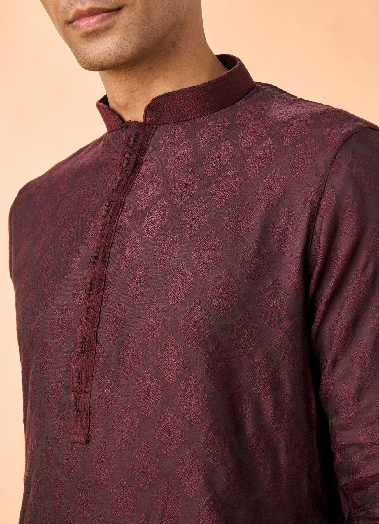 Manyavar Men Wine Jacquard Kurta Pajama Set