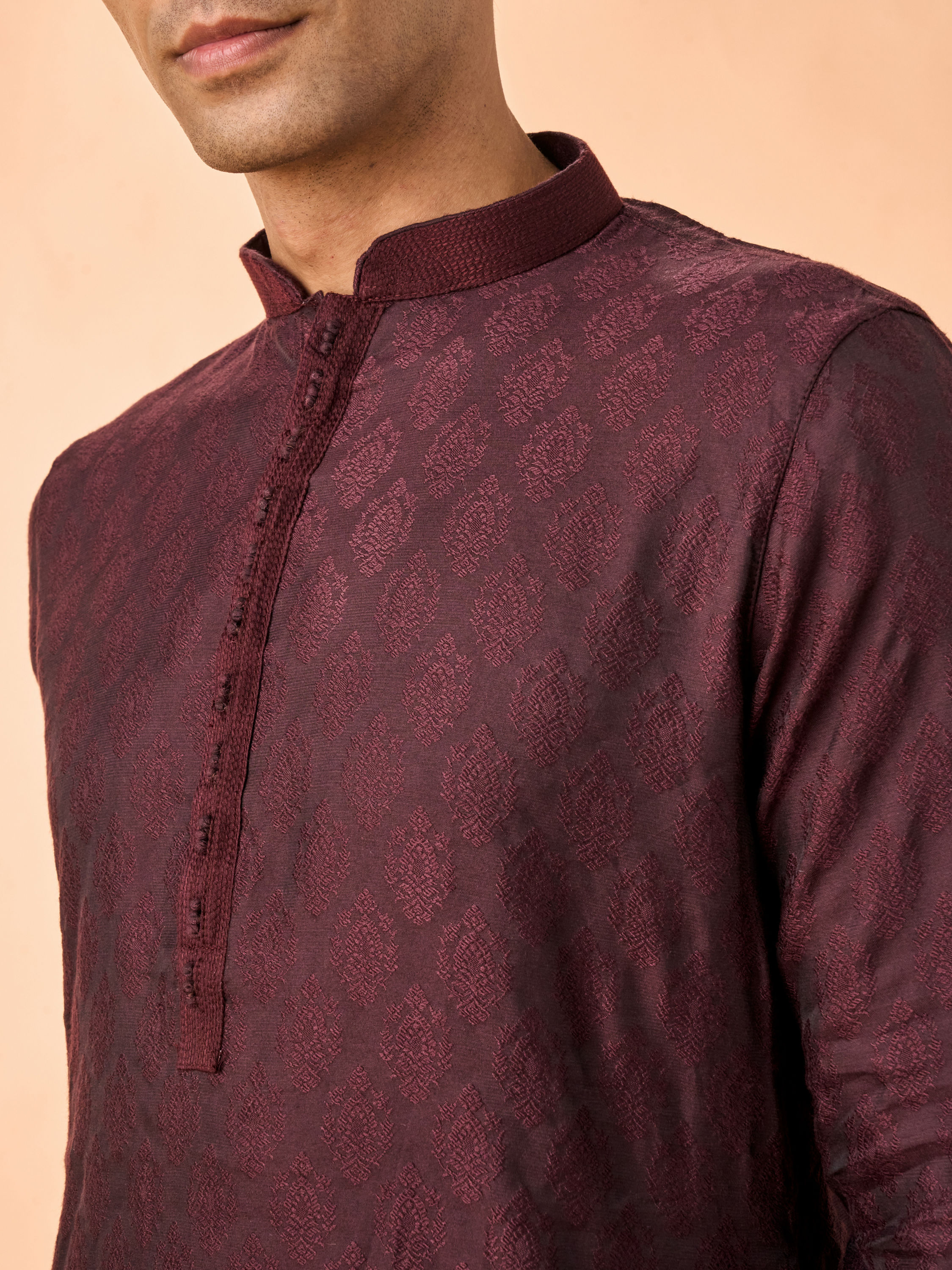 Manyavar Men Wine Jacquard Kurta Pajama Set