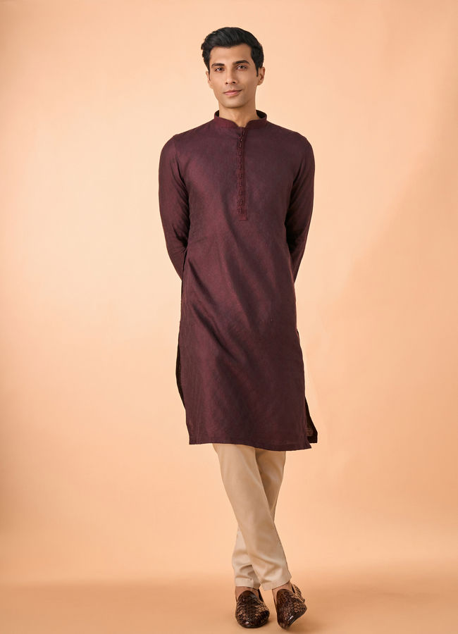 Manyavar Men Wine Jacquard Kurta Pajama Set