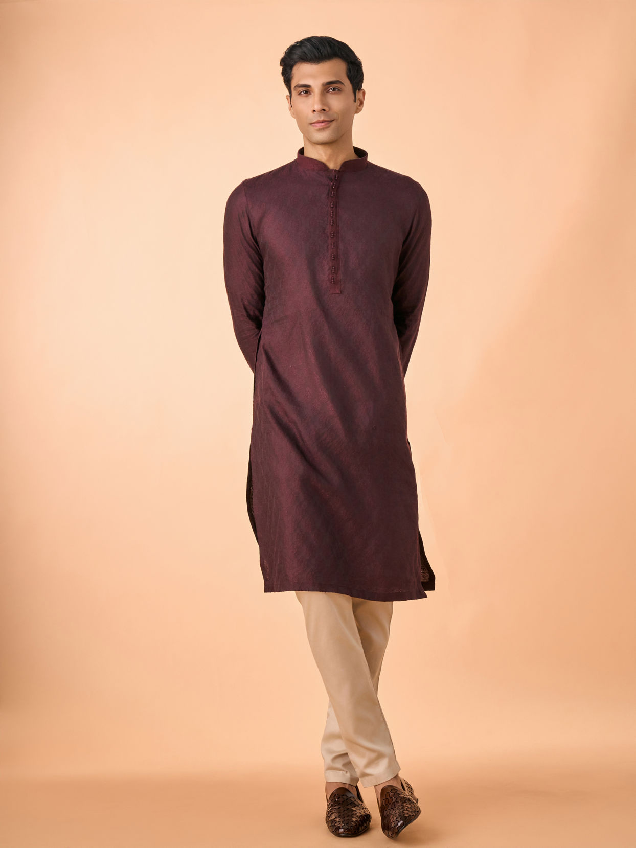 Manyavar Men Wine Jacquard Kurta Pajama Set