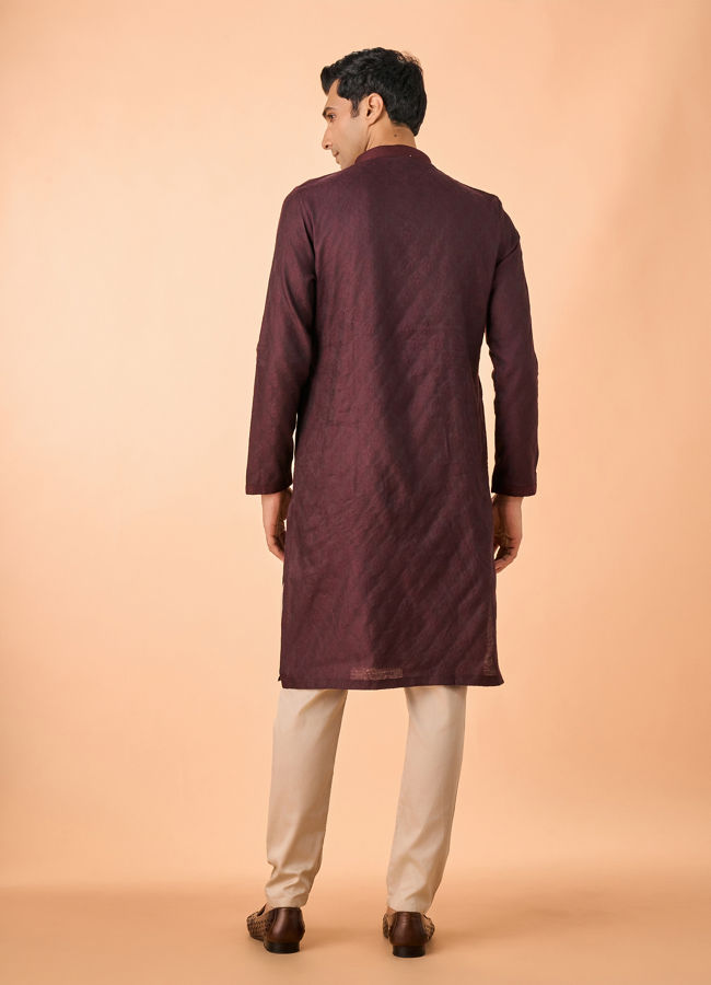 Manyavar Men Wine Jacquard Kurta Pajama Set