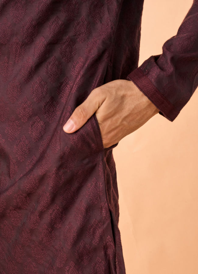 Manyavar Men Wine Jacquard Kurta Pajama Set