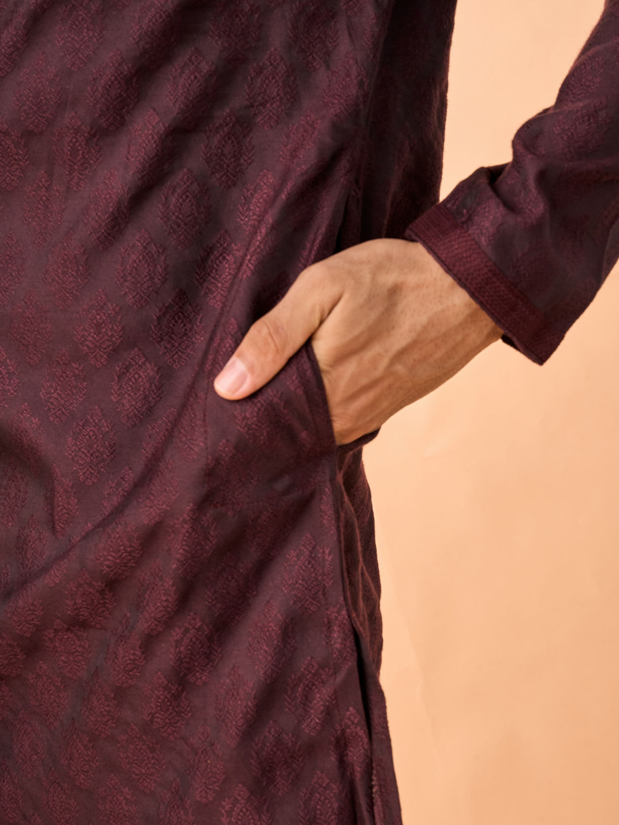 Manyavar Men Wine Jacquard Kurta Pajama Set