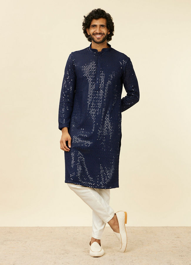 Manyavar Men Dark Blue Chikankari Kurta Set