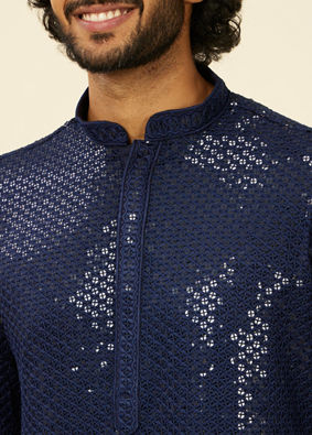 Manyavar Men Dark Blue Chikankari Kurta Set