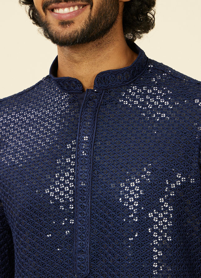 alt message - Manyavar Men Dark Blue Chikankari Kurta Set image number 1