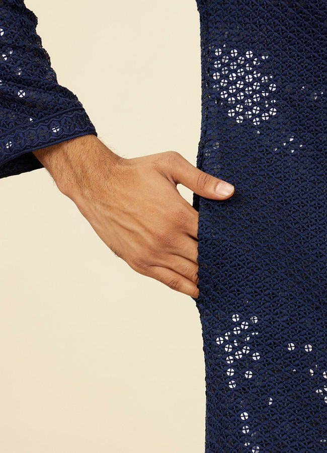 Manyavar Men Dark Blue Chikankari Kurta Set