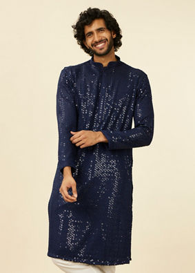 alt message - Manyavar Men Dark Blue Chikankari Kurta Set image number 0