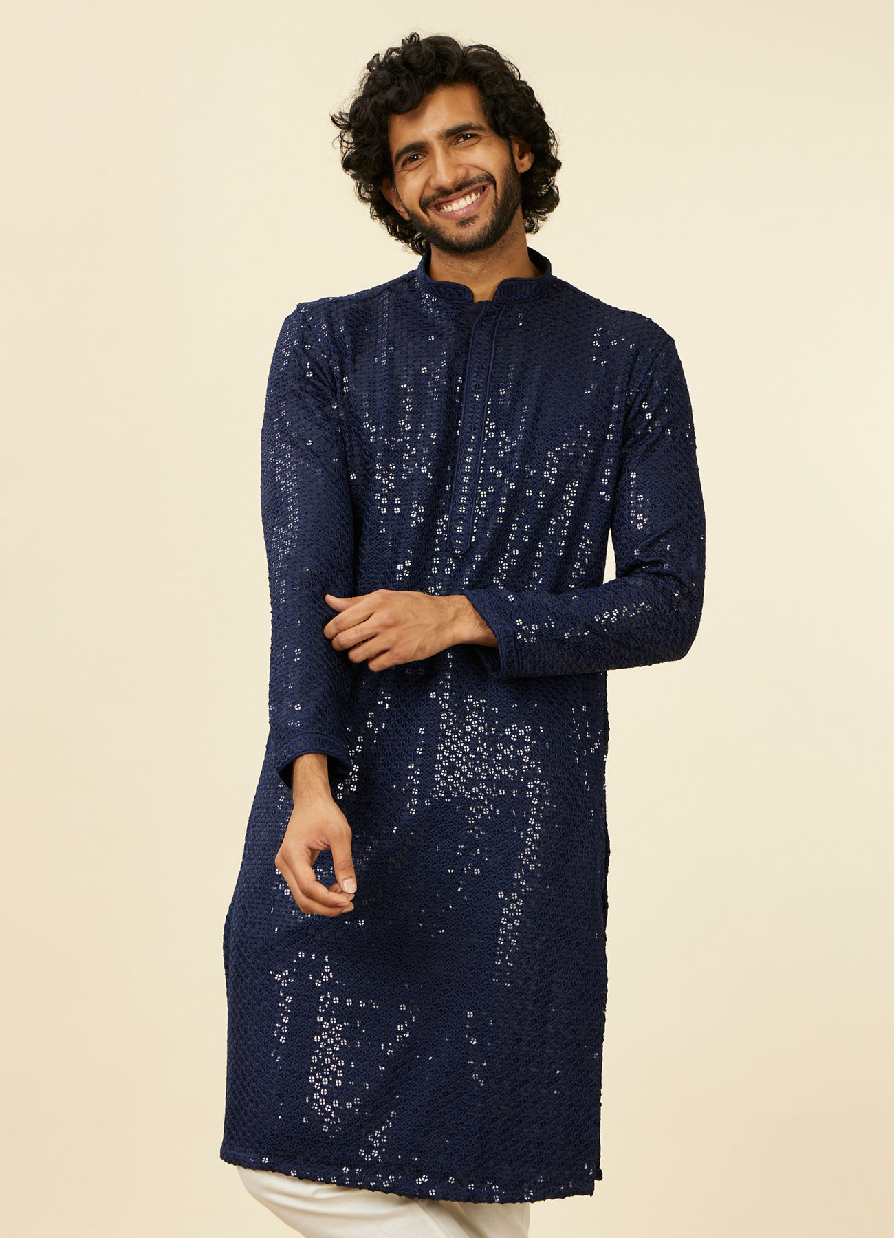Manyavar Men Dark Blue Chikankari Kurta Set