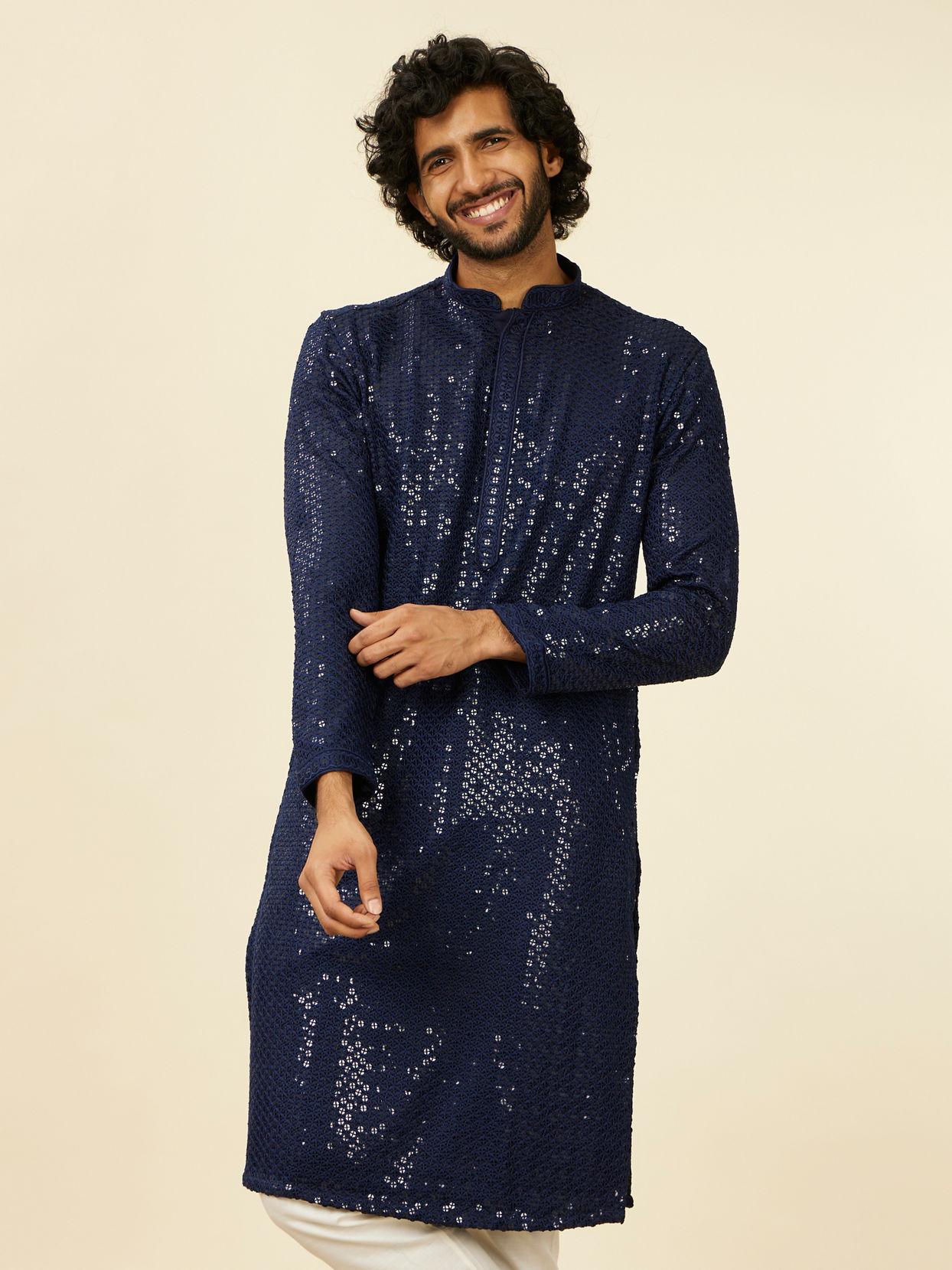 alt message - Manyavar Men Dark Blue Chikankari Kurta Set image number 0