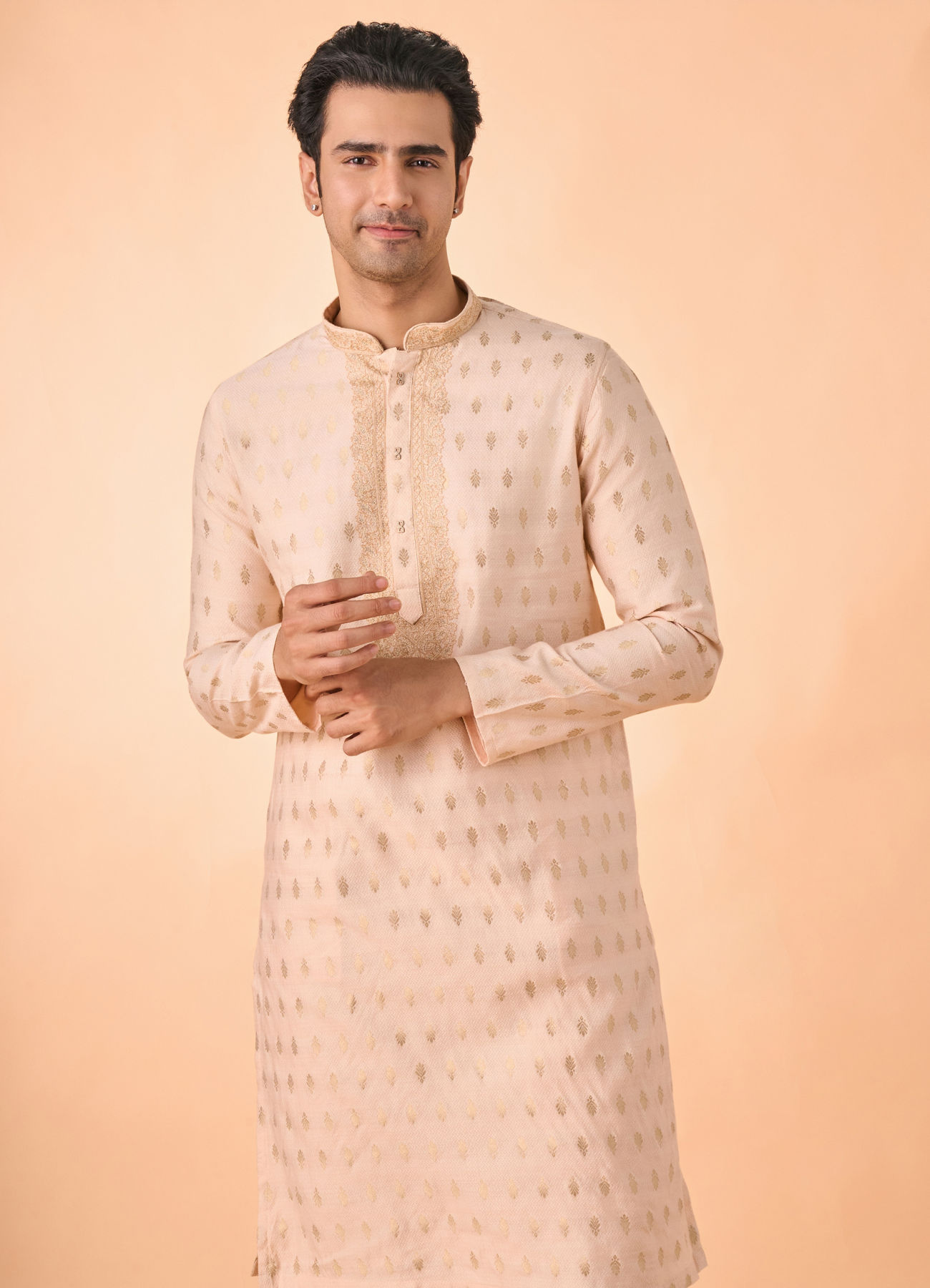 Manyavar Men Festive Peach Viscose Kurta Pajama