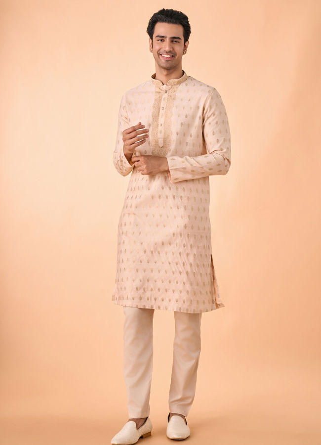Manyavar Men Festive Peach Viscose Kurta Pajama