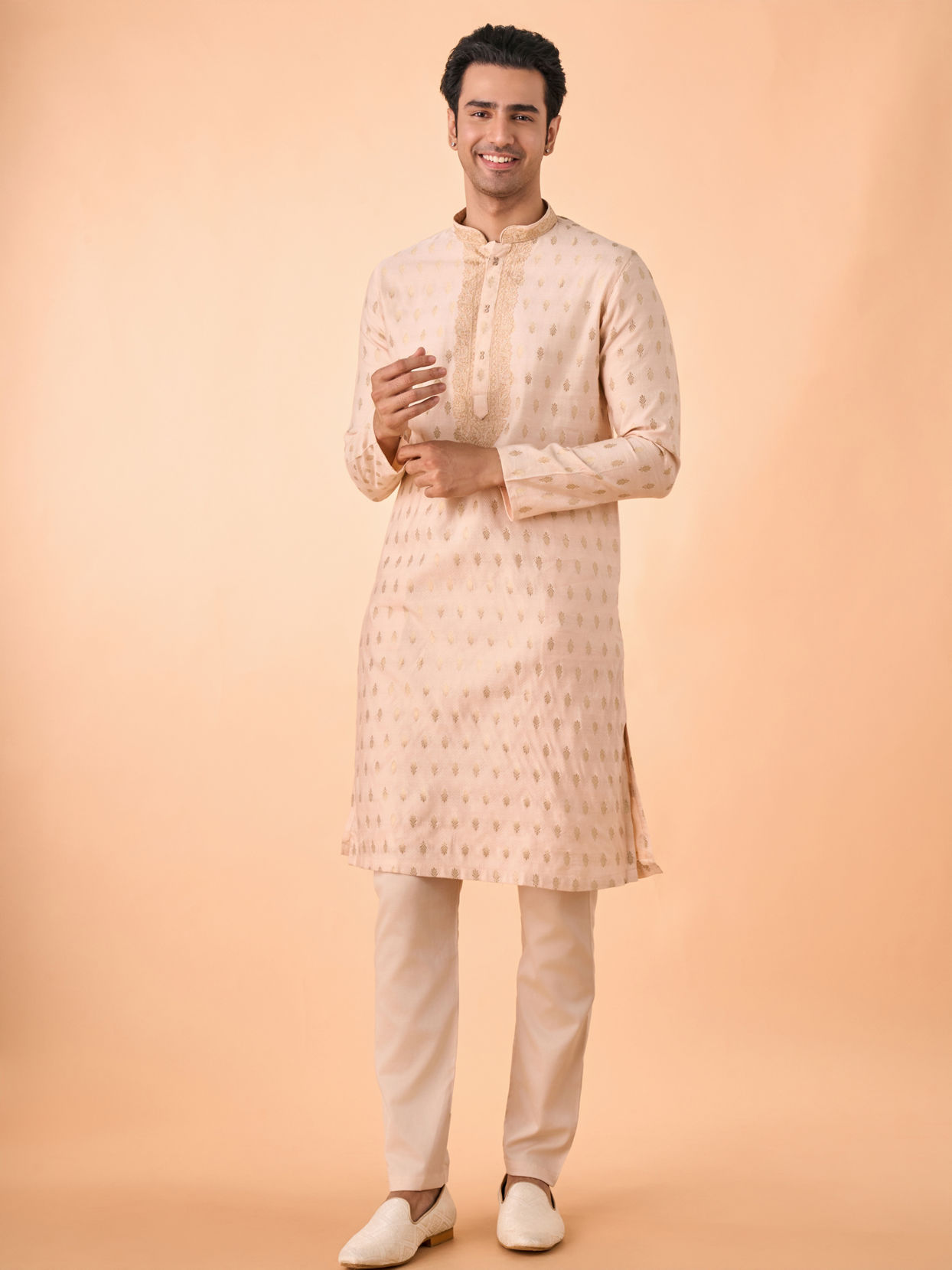 Manyavar Men Festive Peach Viscose Kurta Pajama
