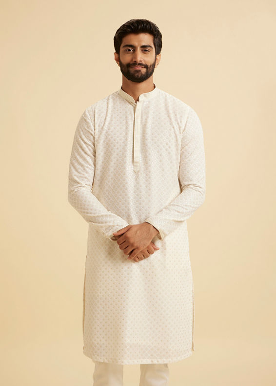 Manyavar Men Cream Georgette Chikankari Kurta Pajama