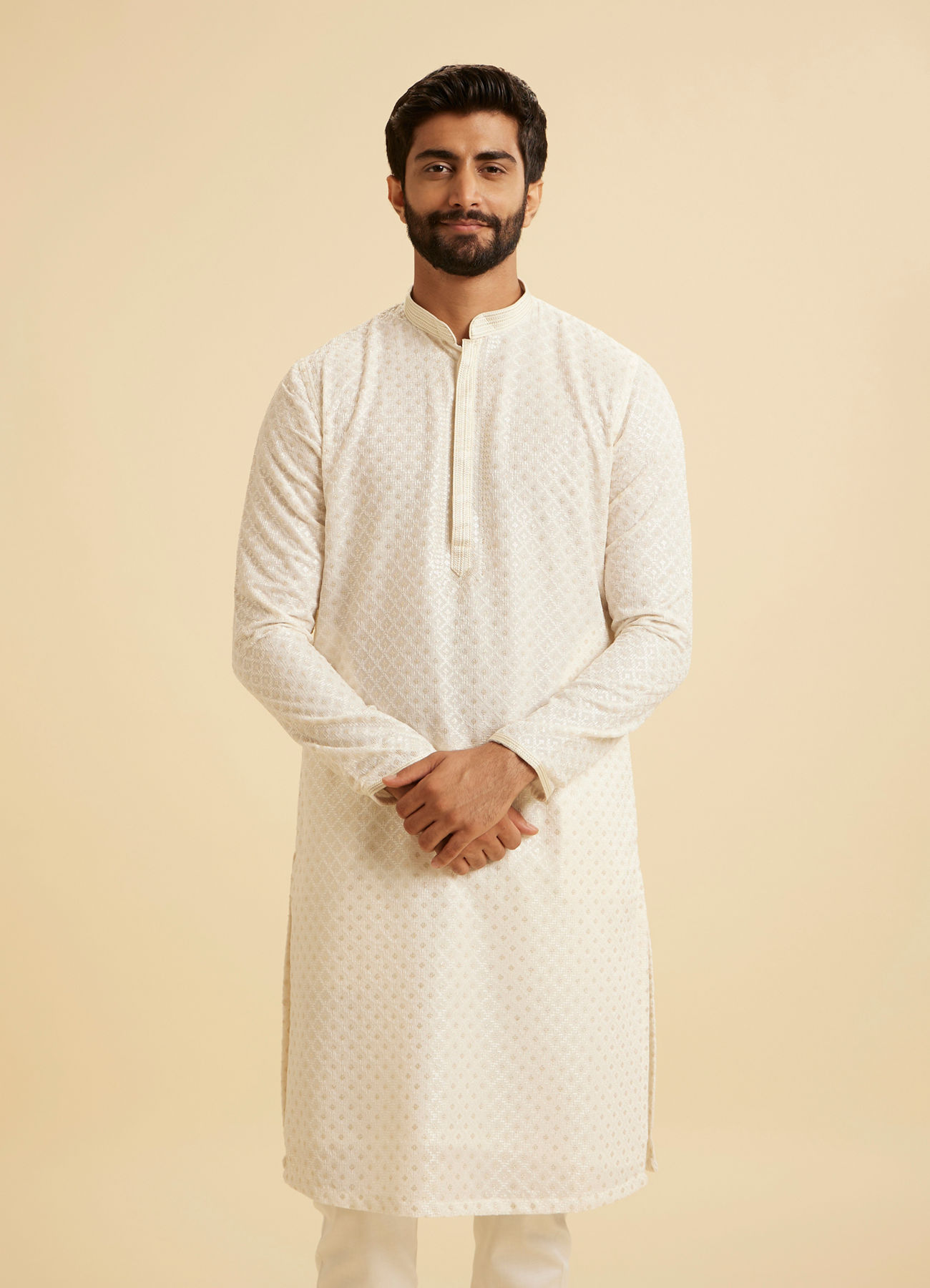 Manyavar Men Cream Georgette Chikankari Kurta Pajama