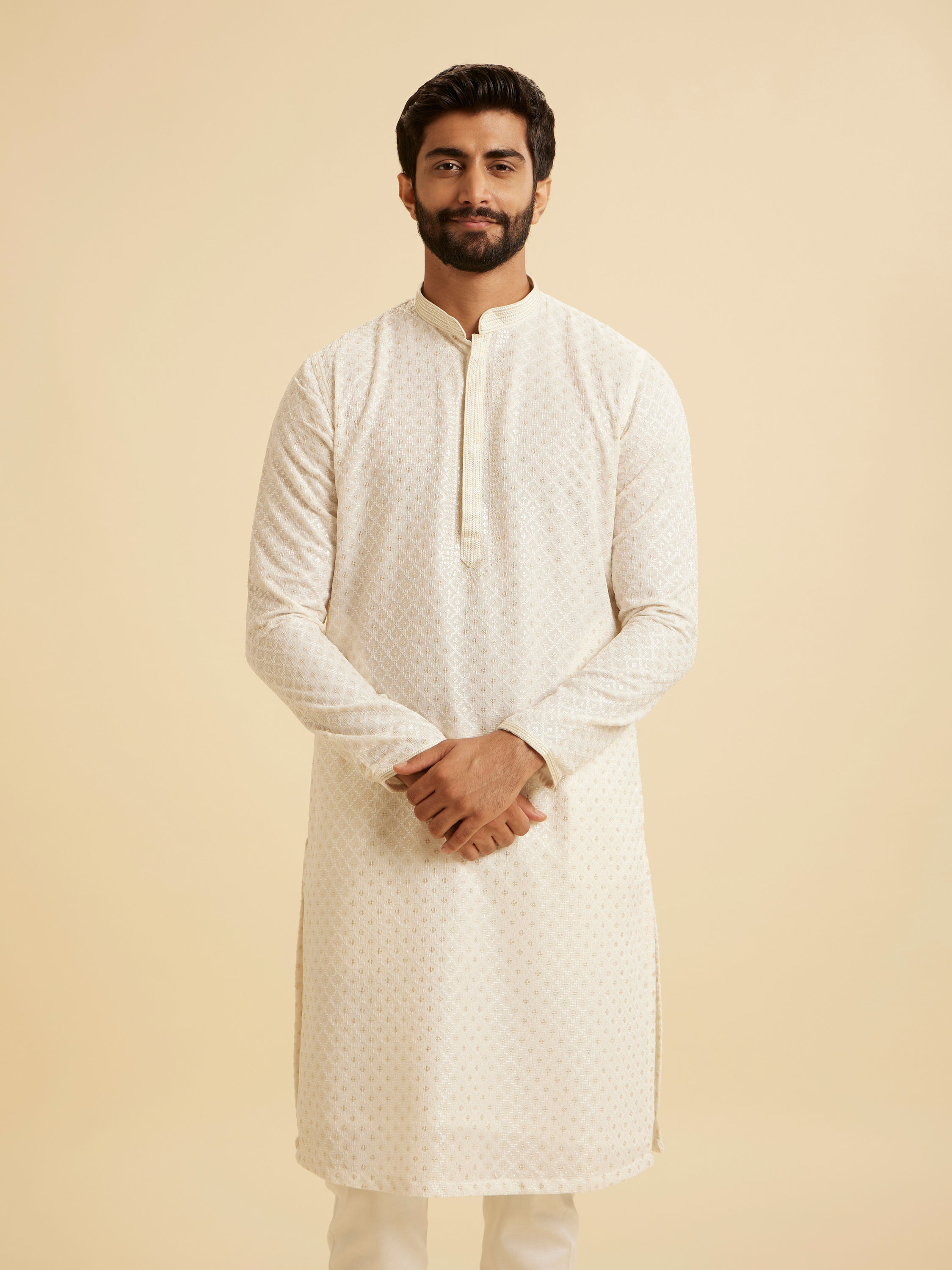 Manyavar Men Cream Georgette Chikankari Kurta Pajama