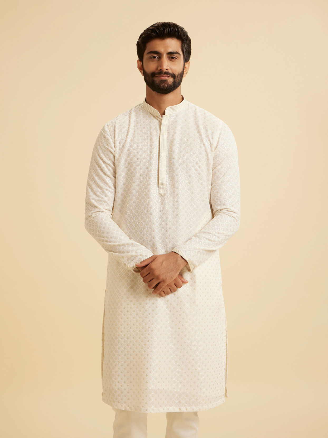 Manyavar Men Cream Georgette Chikankari Kurta Pajama