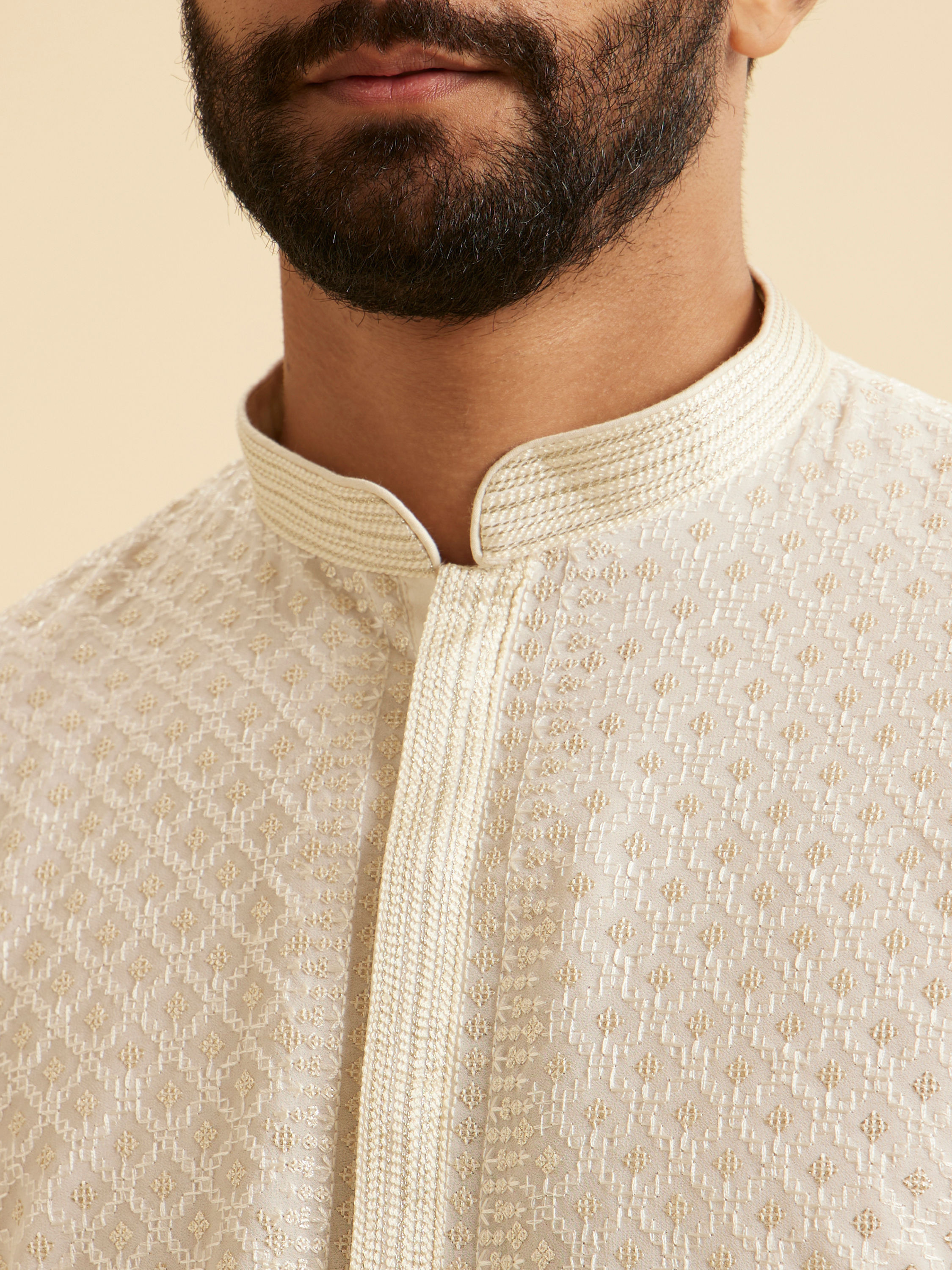 Manyavar Men Cream Georgette Chikankari Kurta Pajama