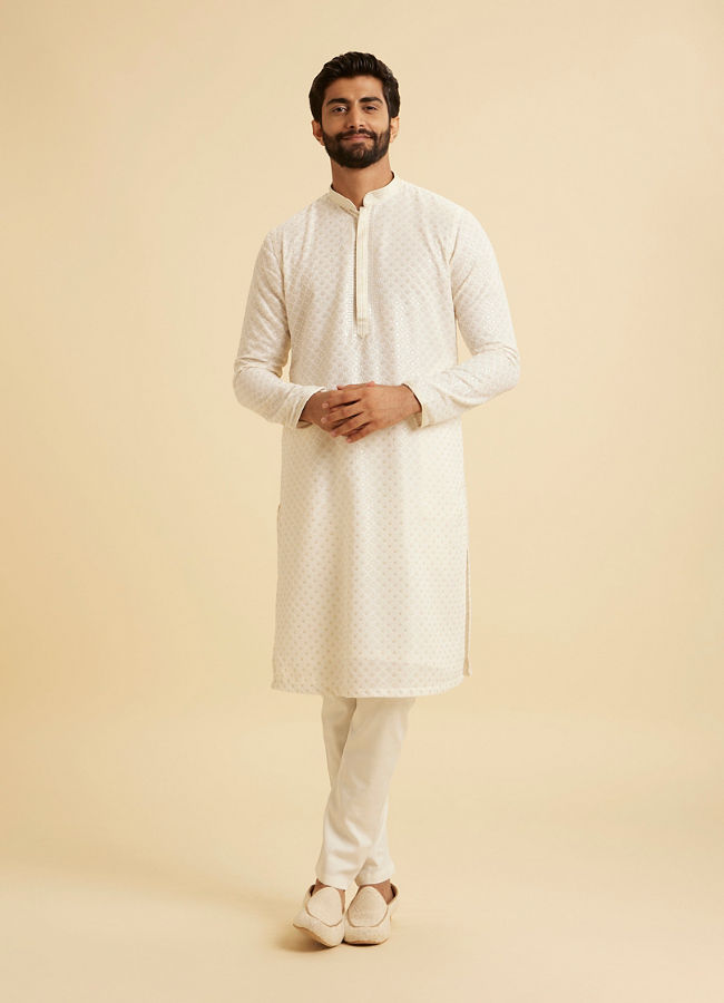 Manyavar Men Cream Georgette Chikankari Kurta Pajama