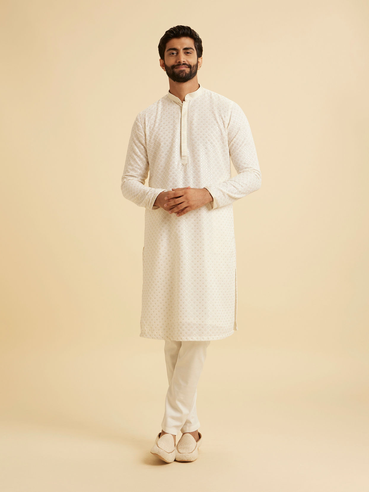 Manyavar Men Cream Georgette Chikankari Kurta Pajama