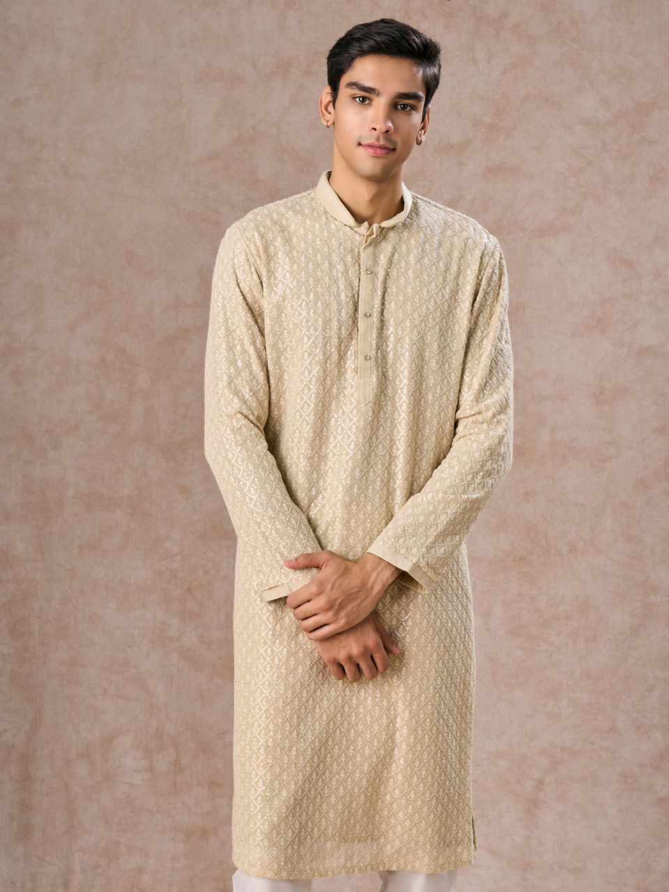 Manyavar Men Regal Pista Green Georgette Kurta Pajama