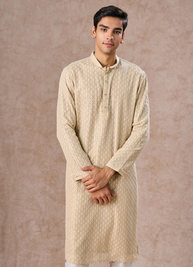 Manyavar Men Regal Pista Green Georgette Kurta Pajama