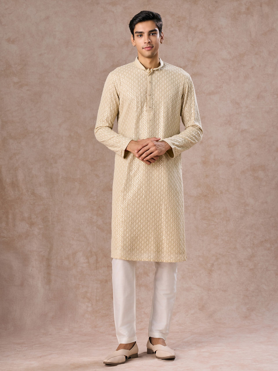 Manyavar Men Regal Pista Green Georgette Kurta Pajama