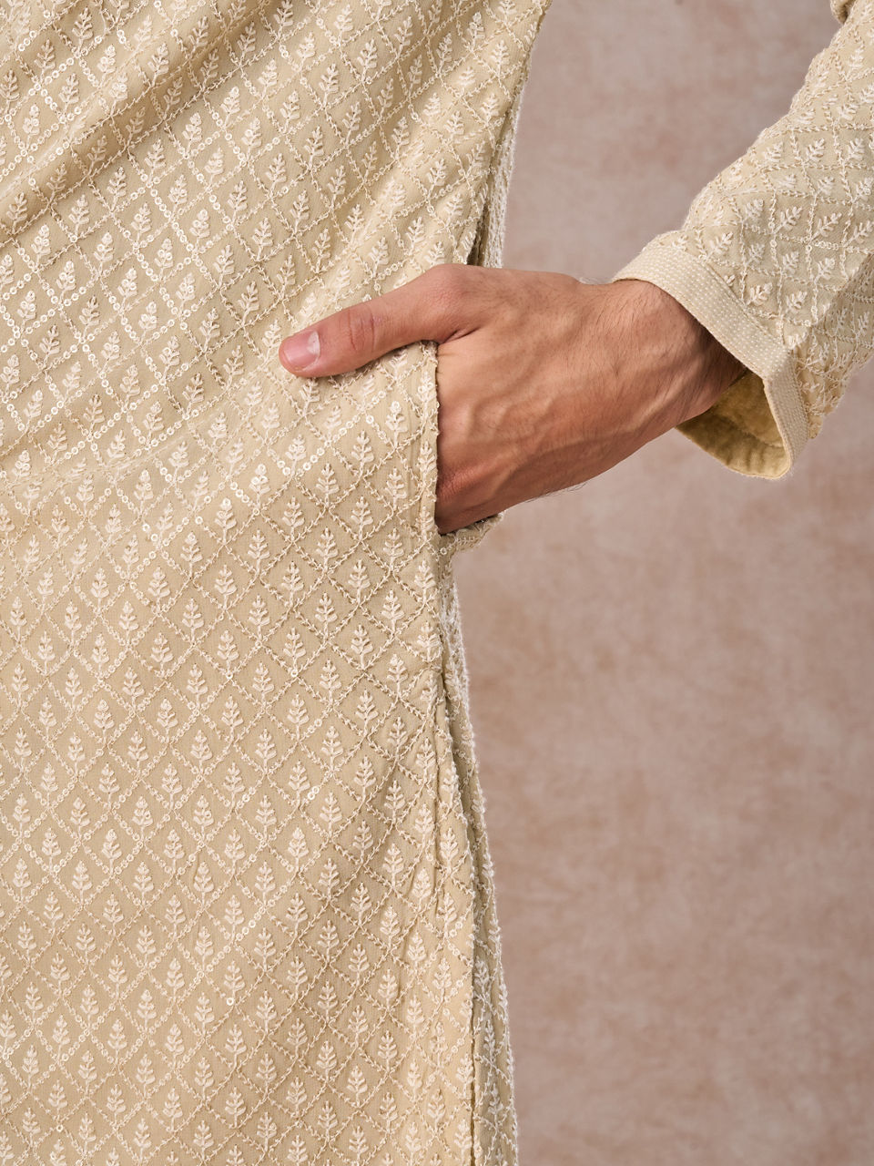 Manyavar Men Regal Pista Green Georgette Kurta Pajama