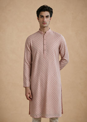 Manyavar Men Pink Georgette Kurta Pajama Set with Thread Embroidery & Sequin Detailing